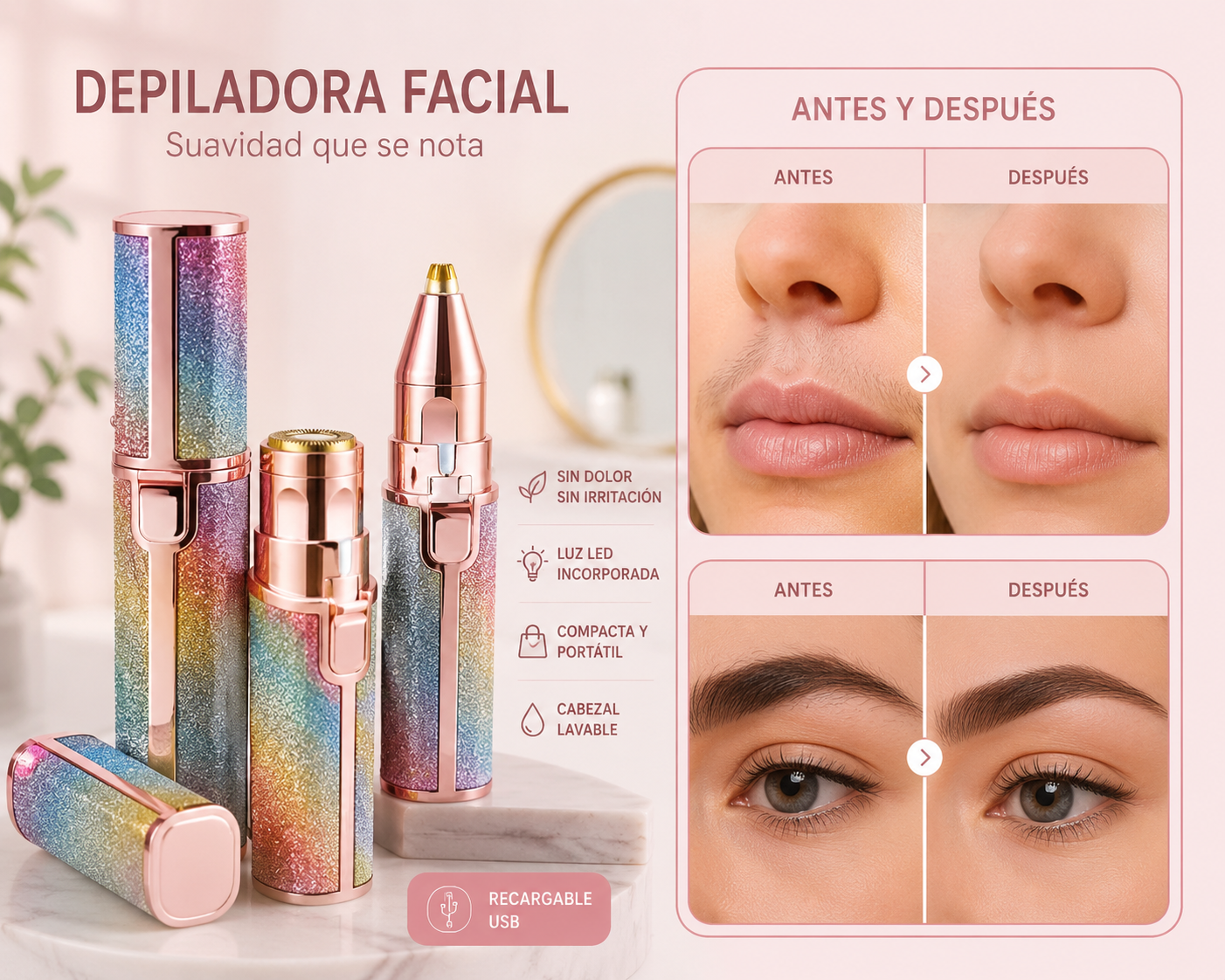 Depiladora facial 2 en 1 | Efecto purpurina